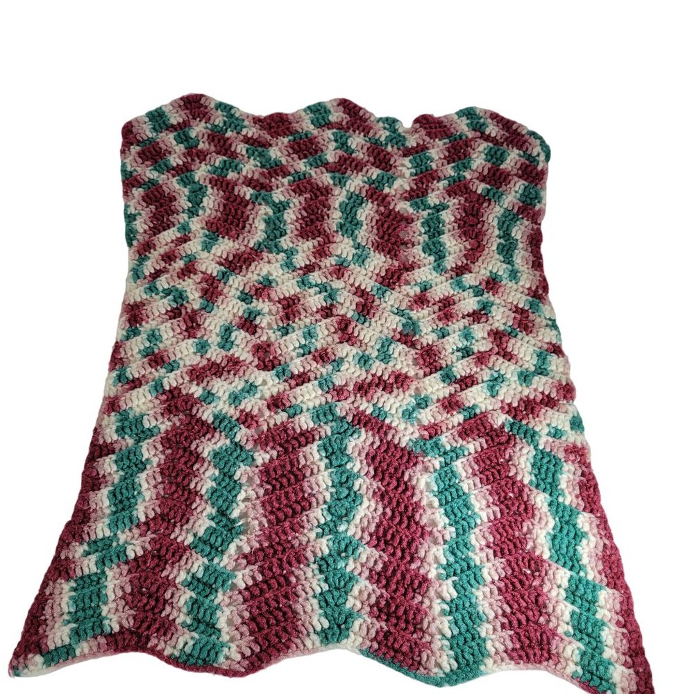 Vintage Crocheted Baby‎ Blanket Afghan 28" x 20"Green Maroon